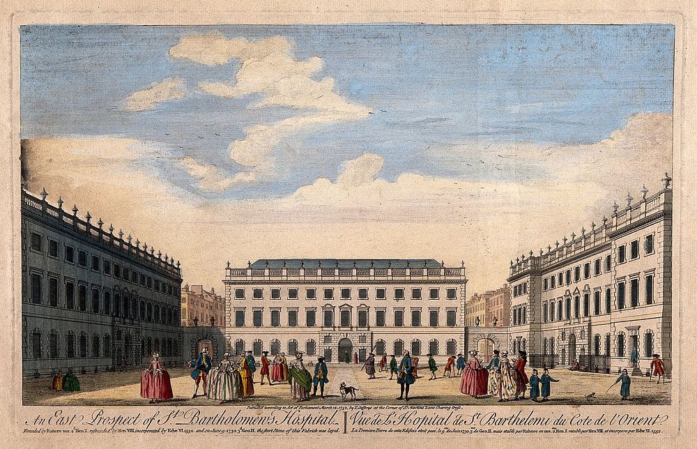St Bartholomew's Hospital, London: the courtyard, with several people. Coloured engraving, 1752.