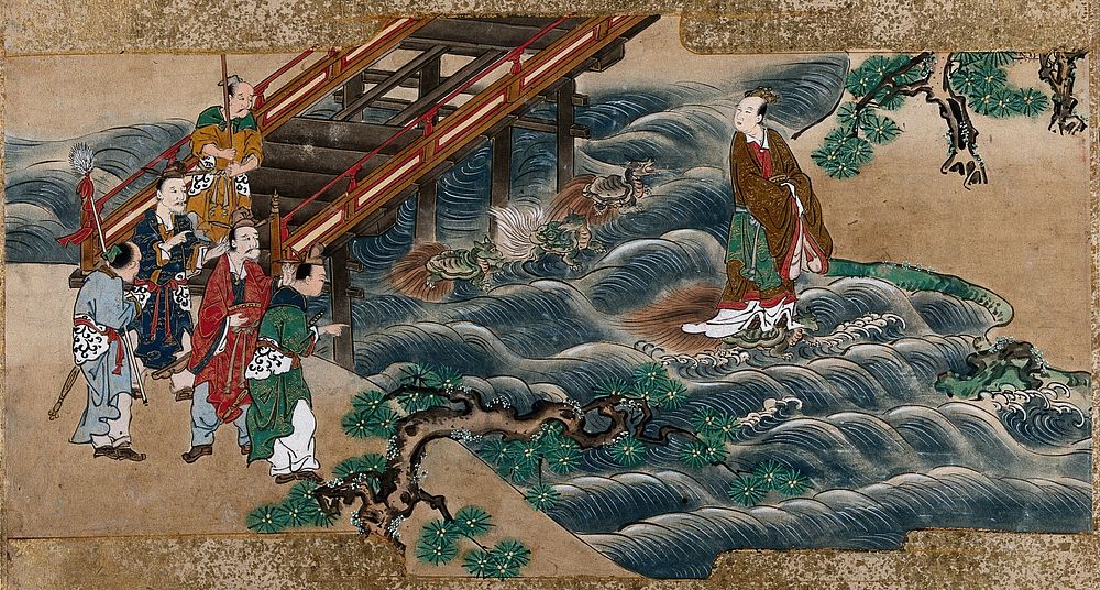 A Chinese holy man is carried by a turtle across the river, while passers-by look on, astonished. Gouache painting by a…