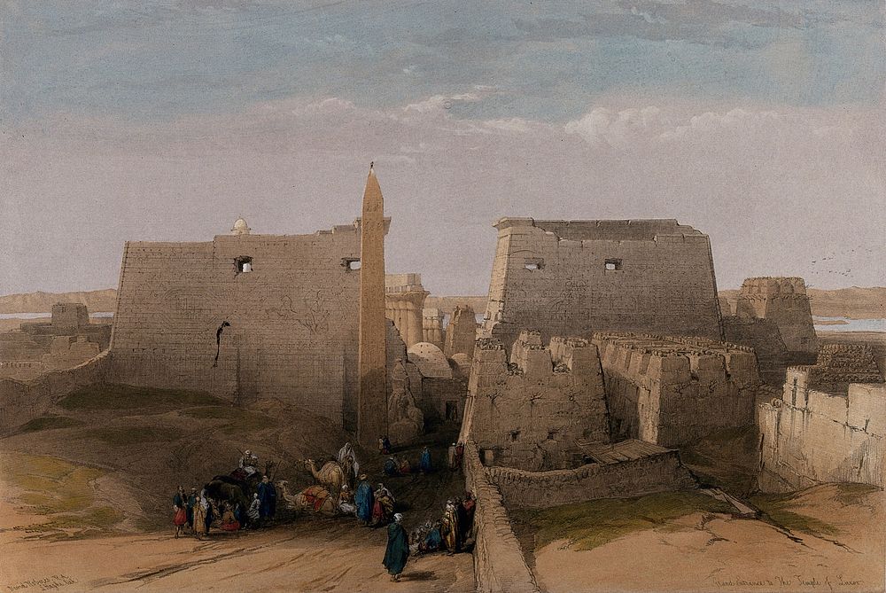 Entrance to the temple at Luxor, Egypt. Coloured lithograph by Louis Haghe after David Roberts, 1848.