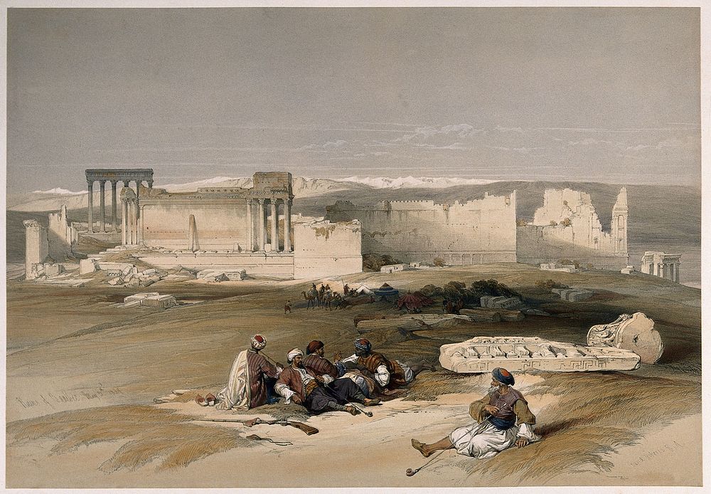Men resting to smoke by the ruins of Baalbeck, Lebanon. Coloured lithograph by L. Haghe after D. Roberts, 1839.