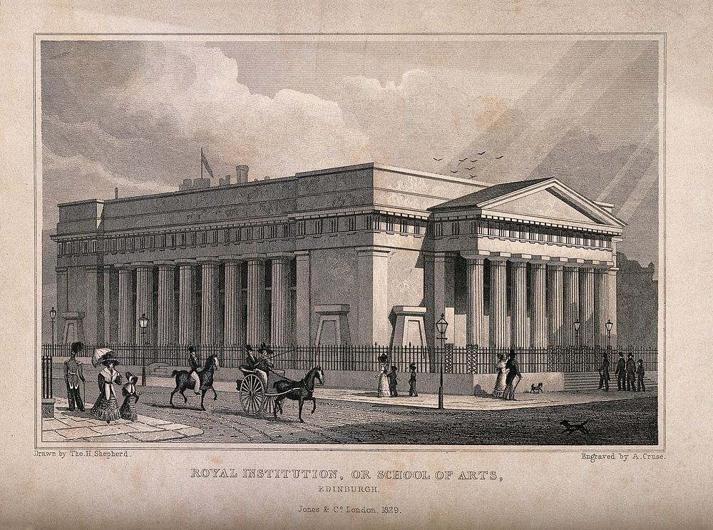 The Royal Institution or School of Arts, Edinburgh, Scotland. Line engraving by A. Cruse, 1829, after T.H. Shepherd.