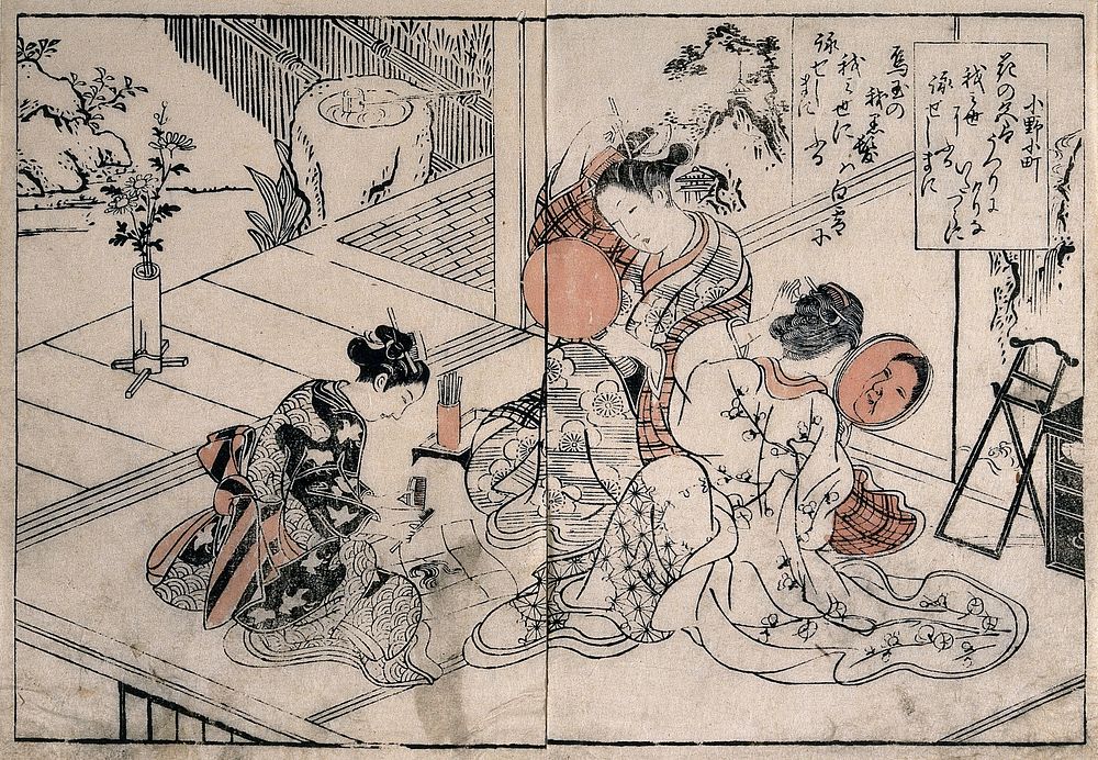 Women dressing their hair. Coloured woodcut by Masanobu, 1740.
