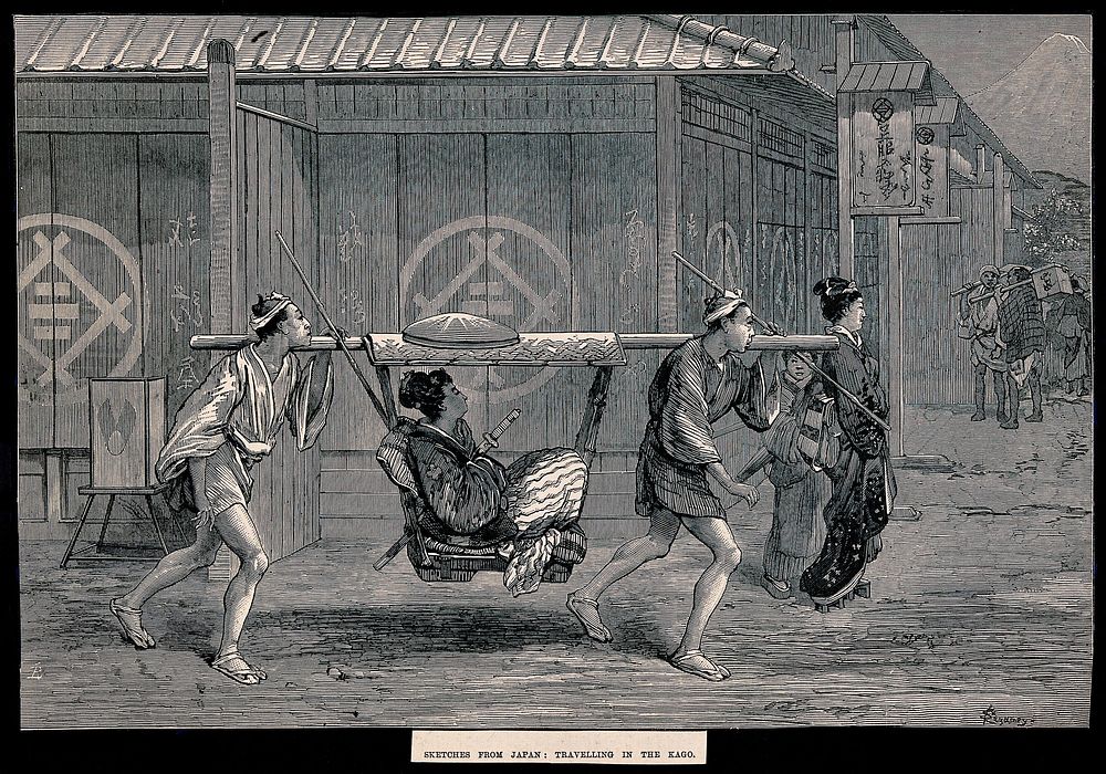 A woman being carried through the streets of Yokohama in a litter borne by two men. Wood engraving by F. Regamey, 1872.