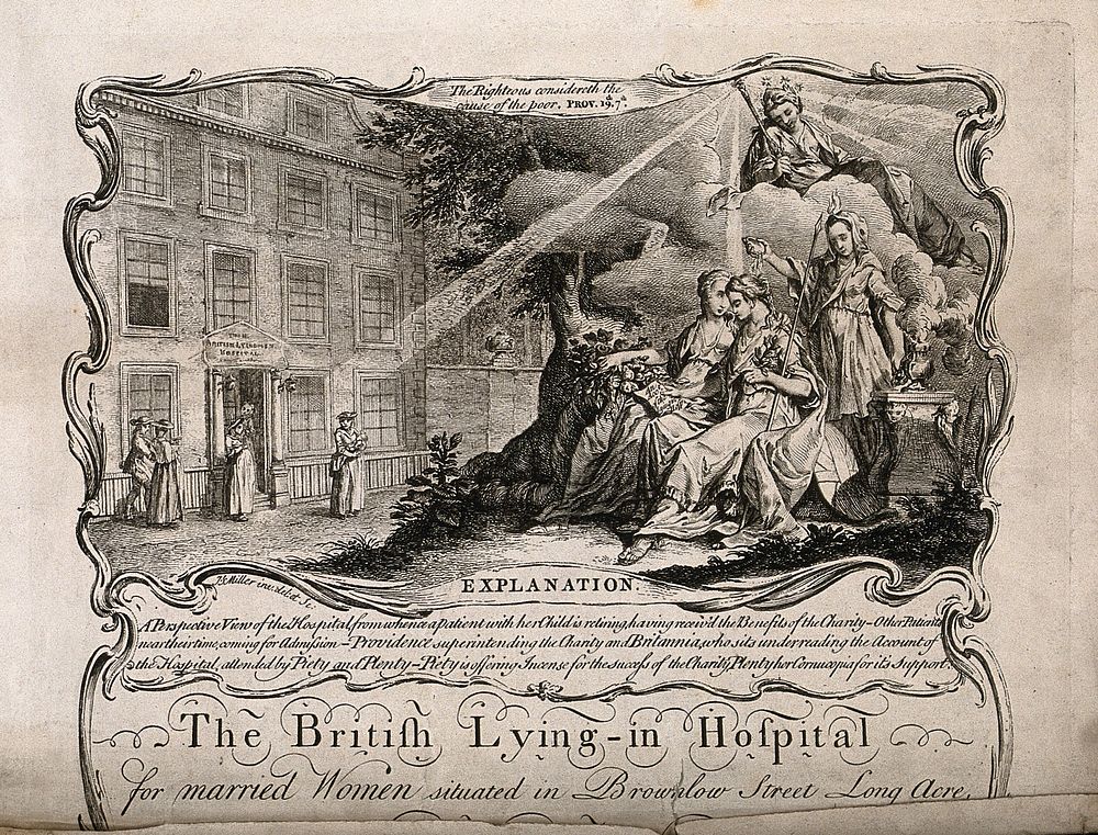 The British Lying-in Hospital, Holborn: the facade and an allegorical scene of charity. Engraving by J.S. Miller after…