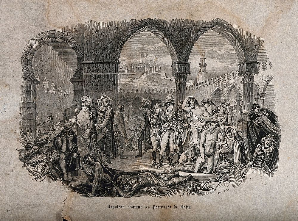 Napoleon Bonaparte visiting plague-stricken soldiers at Jaffa in 1799. Wood engraving by J. Quartley after A.J. Gros, 1804.