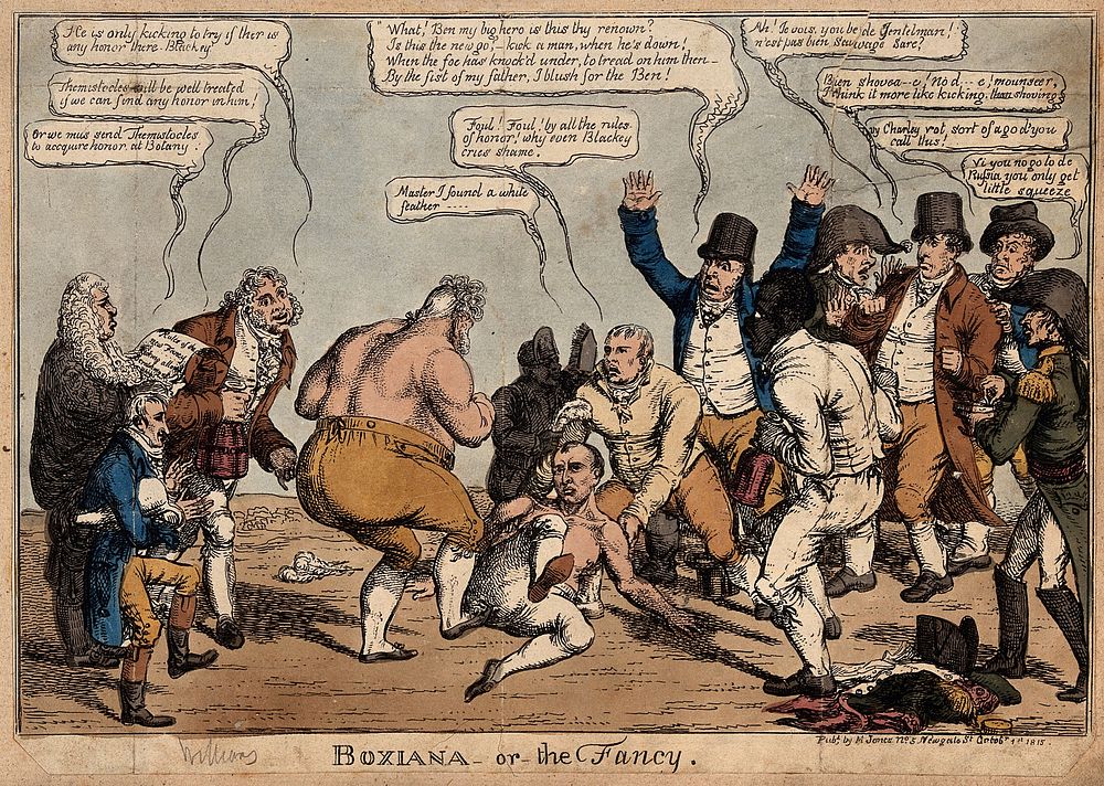A bare-knuckled boxing match between the Prince of Wales and Napoleon, with their supporters including a black man. Coloured…