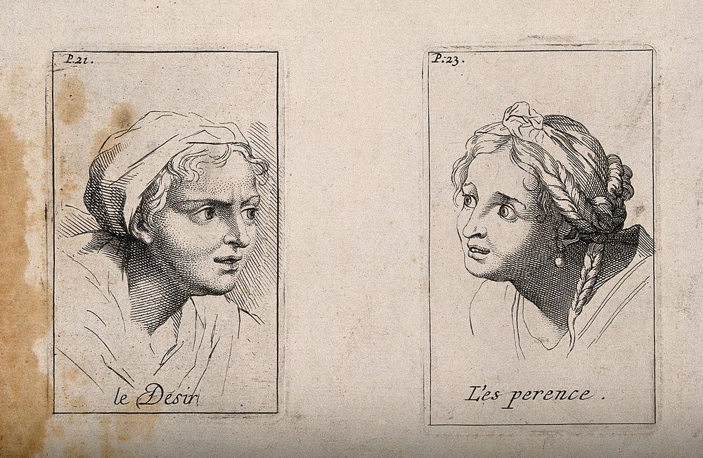 Head of a woman expressing desire (left); head of a woman expressing hope (right). Etching by B. Picart, 1713, after C. Le…