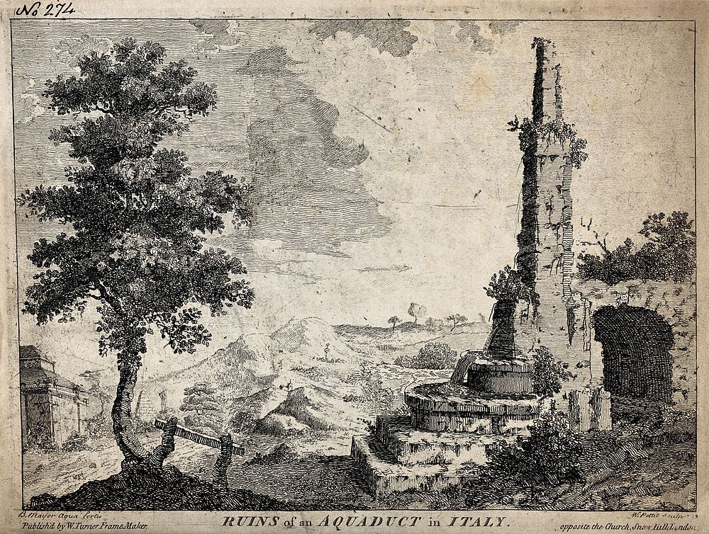 Ruins of an aqueduct in Italy. Etching by B. Mayor and W. Pettit.