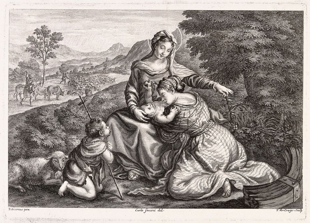 Saint Mary (the Blessed Virgin) with the Christ Child, Saint John the Baptist and Saint Catherine of Alexandria. Engraving…