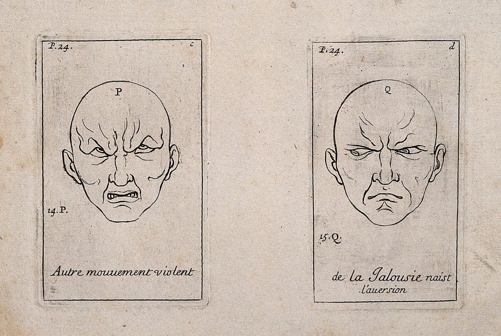 Two outlines of faces, one showing violent movement (left), the other expressing jealousy (right). Etching by B. Picart…