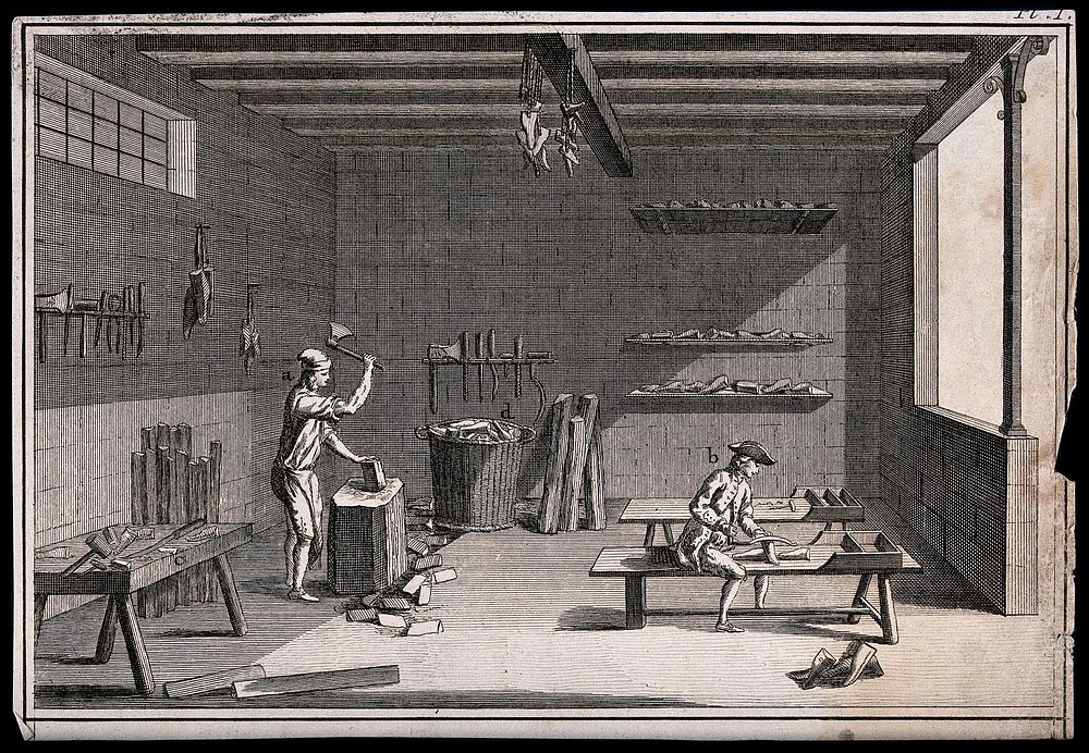 Shoemakers: interior view and various tools used in the making of shoe-horns. Etching with engraving.