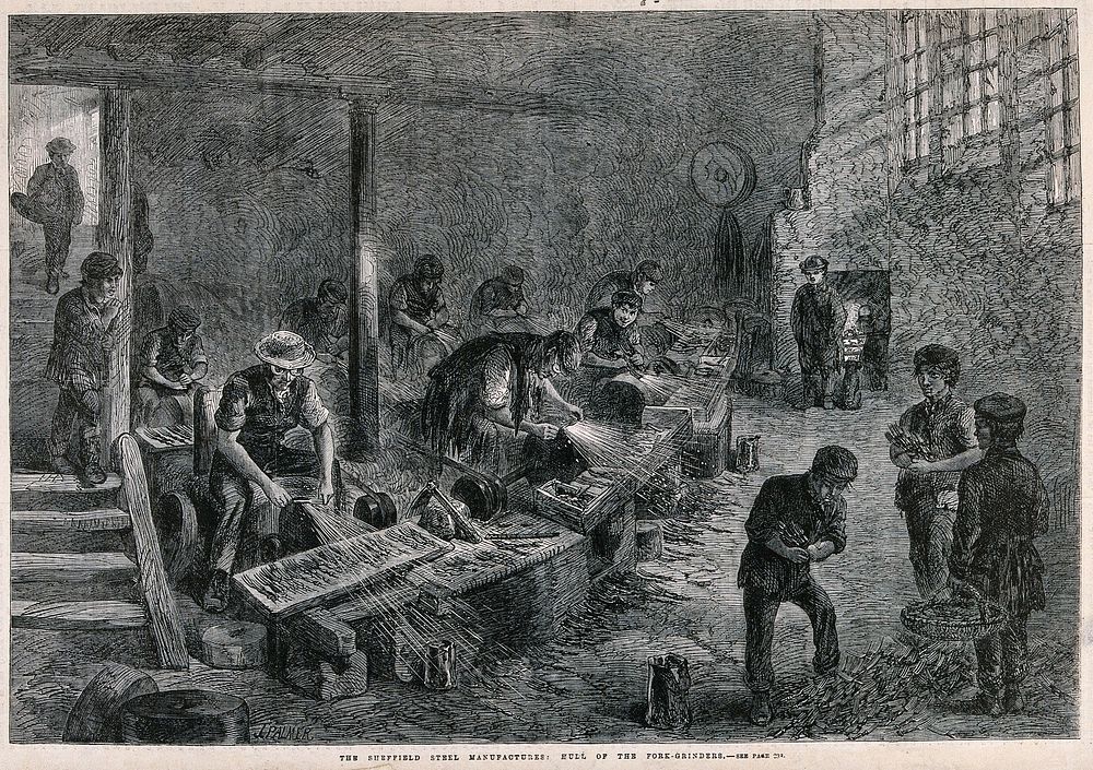 Men and boys working in a fork-grinding factory in Sheffield. Wood engraving by M. Jackson after J. Palmer, 1866.