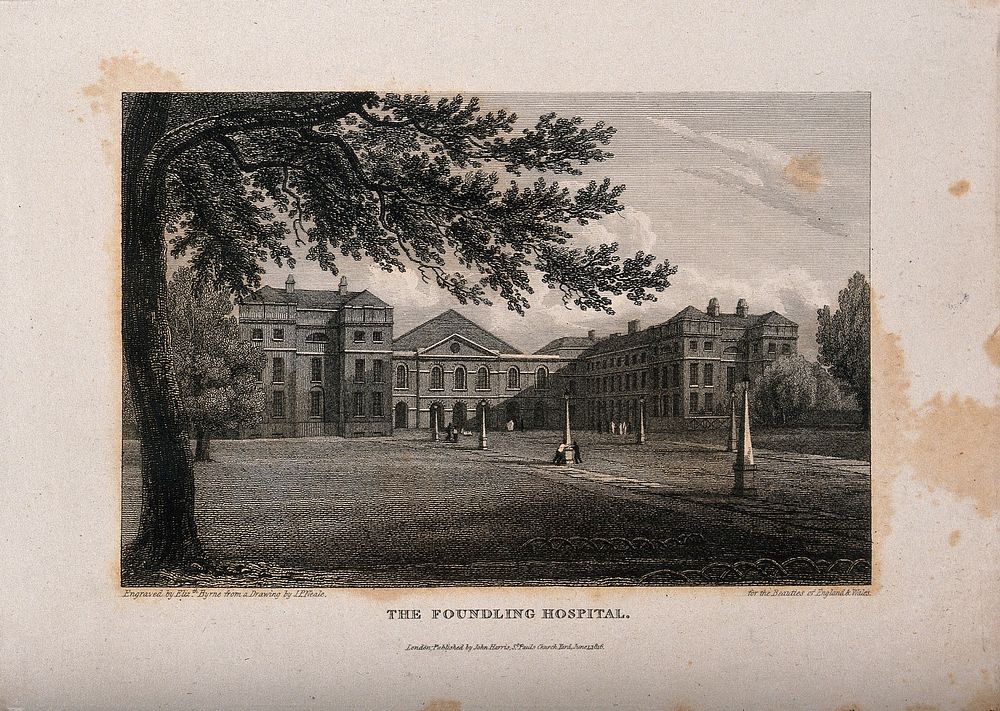 The Foundling Hospital: the main buildings seen from within the grounds. Engraving by Elizabeth Byrne after J. P. Neale…