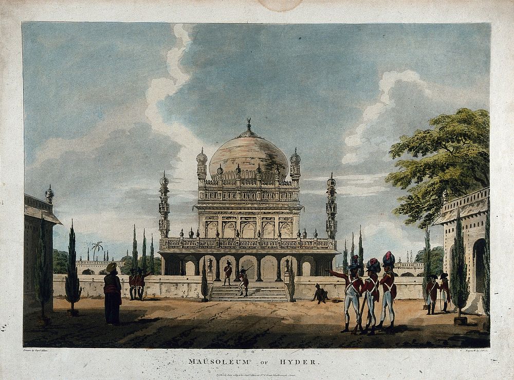 Mausoleum of Haidar Ali near Mysore, Karnataka. Coloured aquatint by J. Wells after A. Allan, 1794.