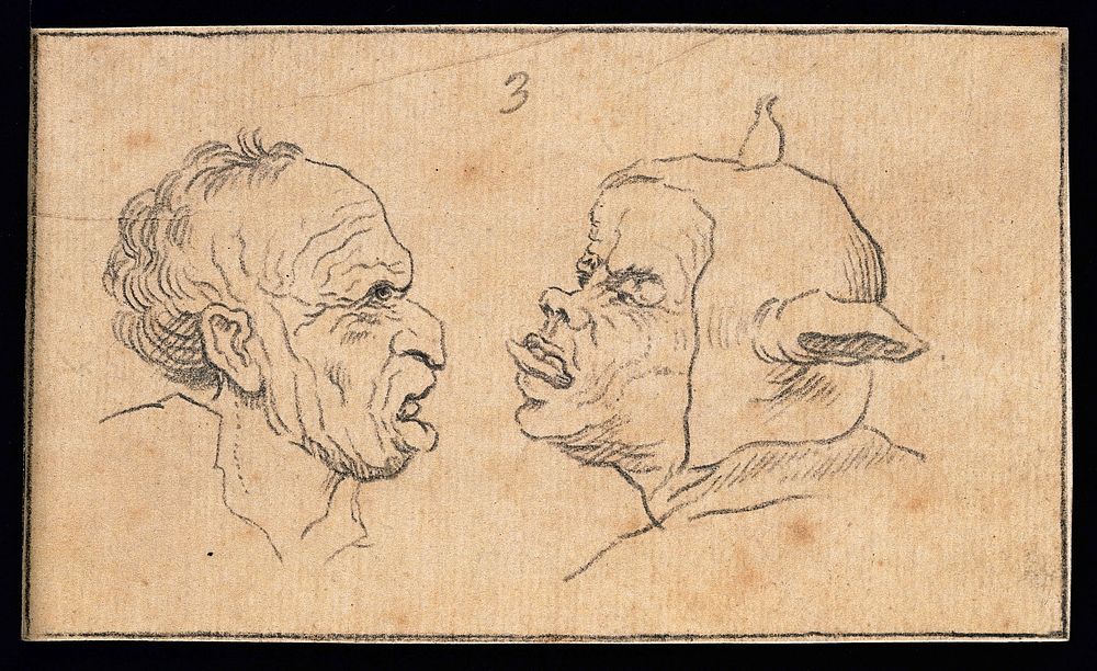 Two distorted faces with protruding tongues, expressing ugly characters according to the physiognomist Lavater. Drawing, c.…