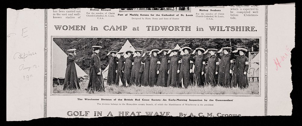 Women in camp at Tidworth in Wiltshire : the Winchester division of the British Red Cross Society - an early morning…