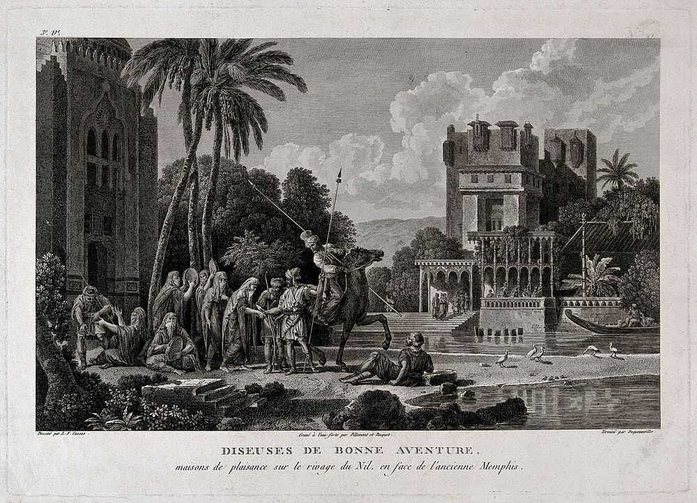 Egyptian fortune-tellers outside a palace on the Nile. Etching by V. Pillement, J.L.C. Pauquet and F. Dequevauviller after…