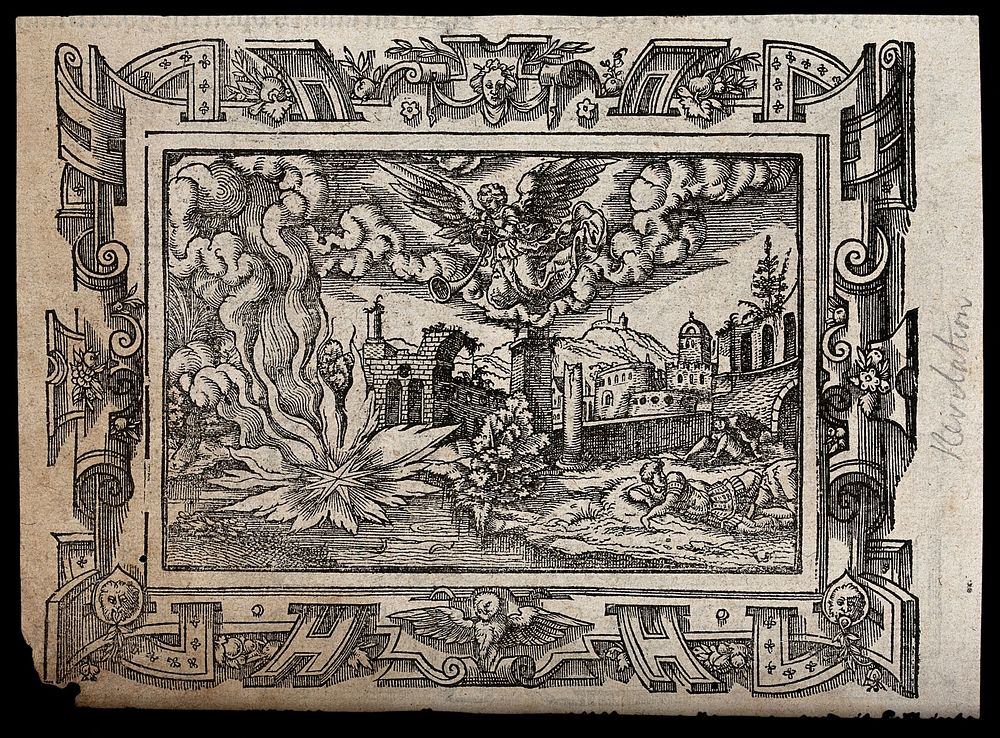 Angels blow trumpets in heaven and fire descends on a river. Woodcut, 16th century.