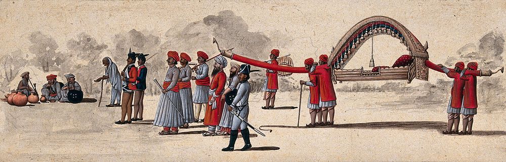 Four men carrying a long palanquin, preceded by guards and attendants. Gouache painting by an Indian artist.
