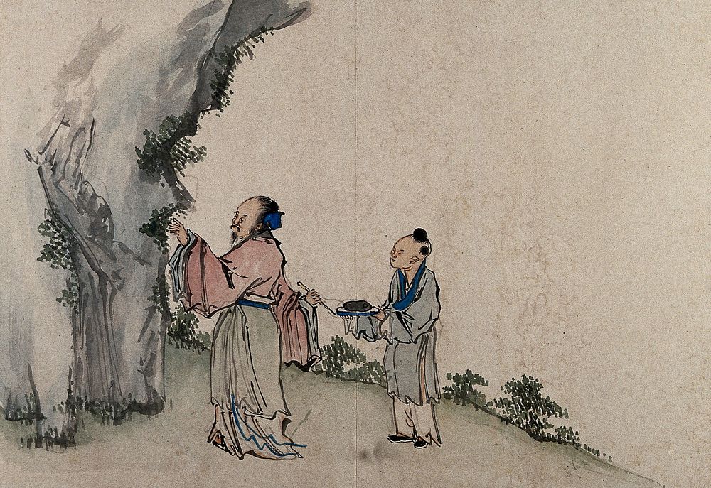 A Chinese artist assisted by a young man. Gouache by a Chinese artist, ca. 1850.
