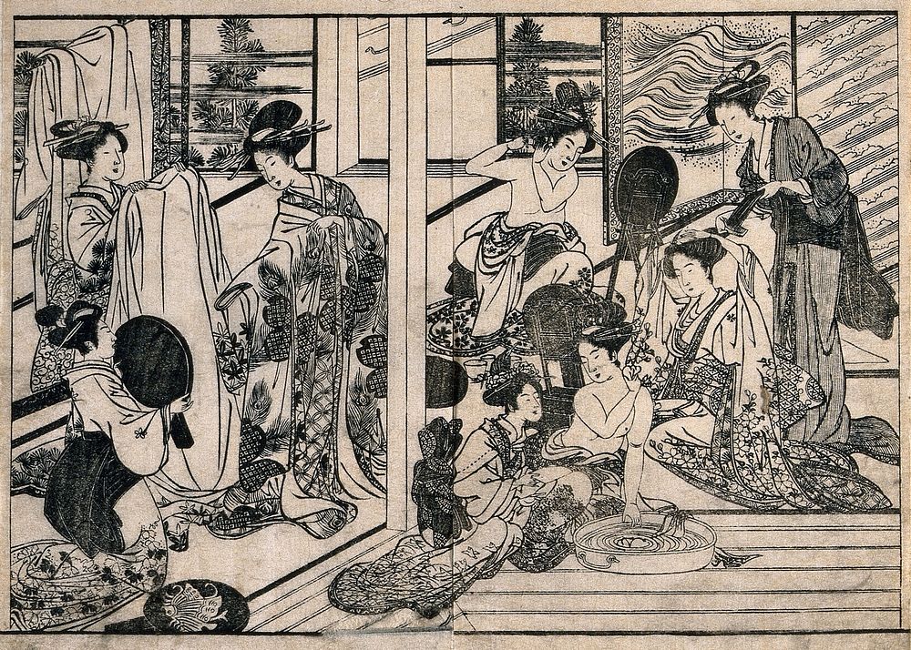 Women at their toilet (courtesans in a fashionable estate). Woodcut by Shungyōsai, 1813.