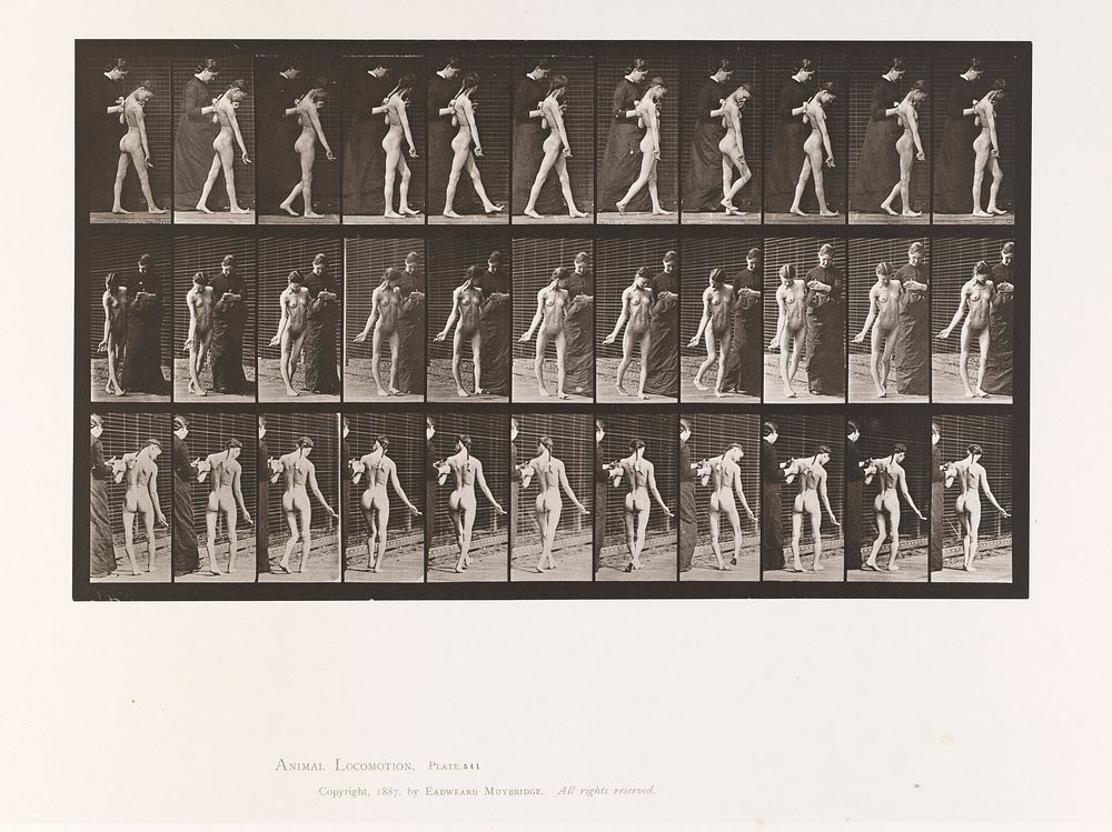 A girl with multiple cerebral-spinal sclerosis walking with a nurse. Collotype after Eadweard Muybridge, 1887.