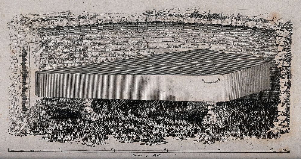 A small coffin, presumably the coffin of Elizabeth, second daughter of Charles II. Etching with engraving.