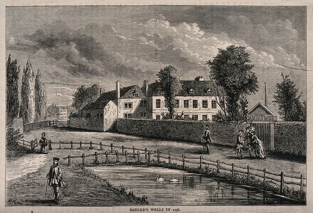 Sadler's Wells, with the New River running beside. Wood engraving by A. H. W.