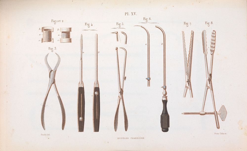 Plate XV, Surgical instruments used to repair an abdominal hernia.