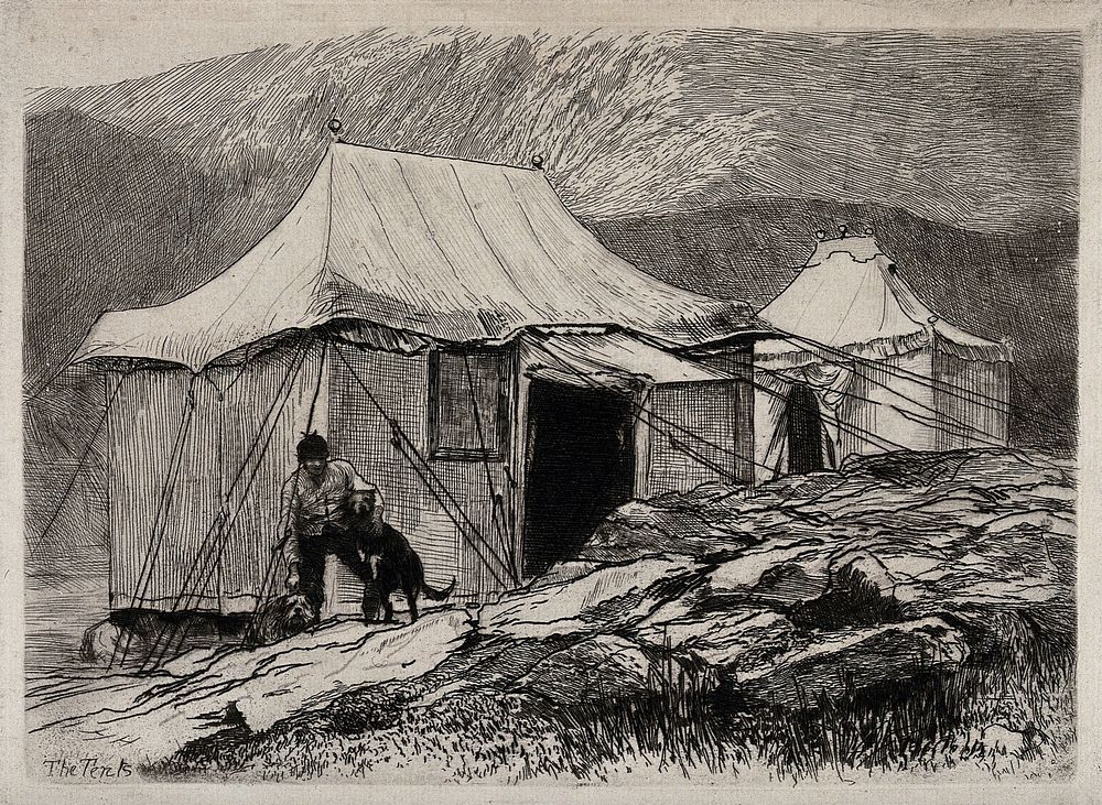 Tents used by Hubert von Herkomer on a painting trip to Wales. Etching by H. von Herkomer, 1880.