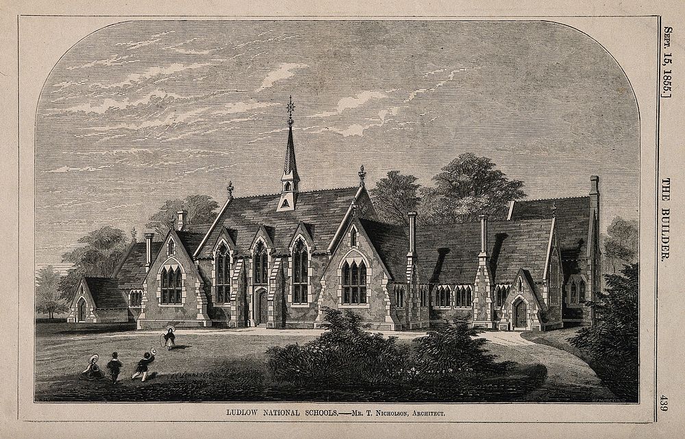 Ludlow National Schools, Shrewsbury, England. Wood engraving by W.E. Hodgkin, 1855, after B. Sly after T. Nicholson.