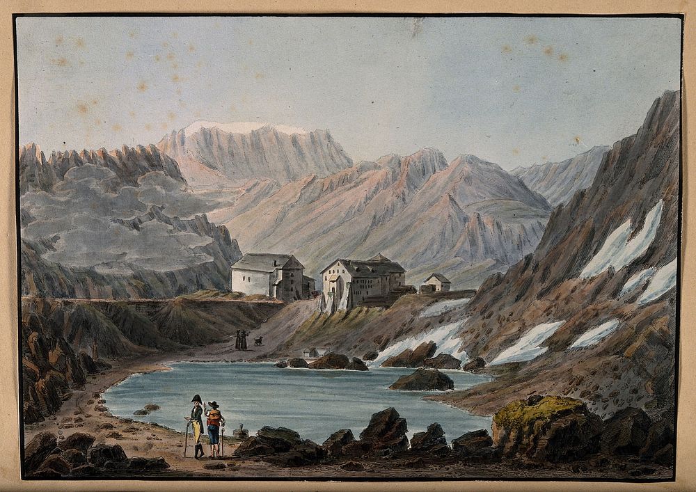 Convent of the Great St. Bernard, Switzerland/Italy. Coloured etching.