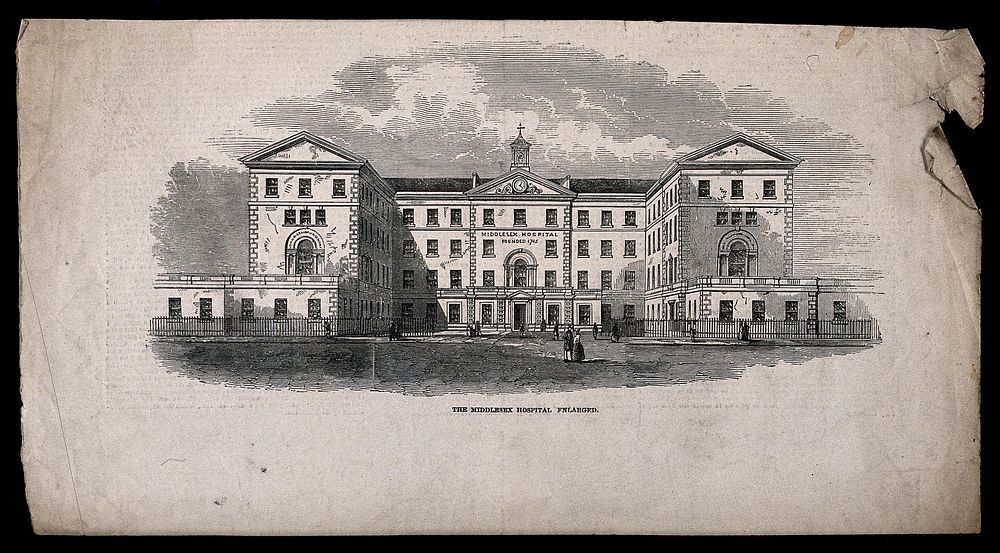 The Middlesex Hospital: seen from the south. Wood engraving.