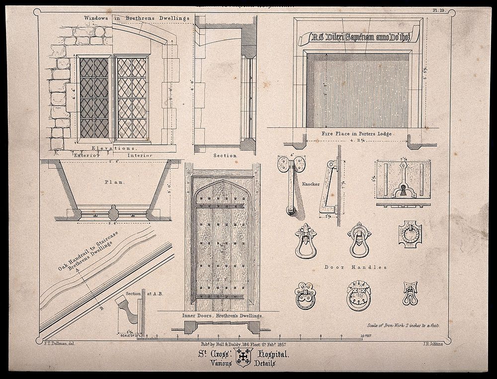 Hospital of St. Cross, Winchester, Hampshire: architectural details. Transfer lithograph by J.R. Jobbins, 1857, after F.T.…