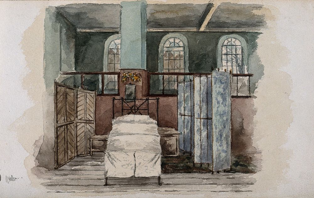 The London Fever Hospital, Liverpool Road, Islington: a screened-off bed in a ward. Watercolour by Nurse Flower, 1891.