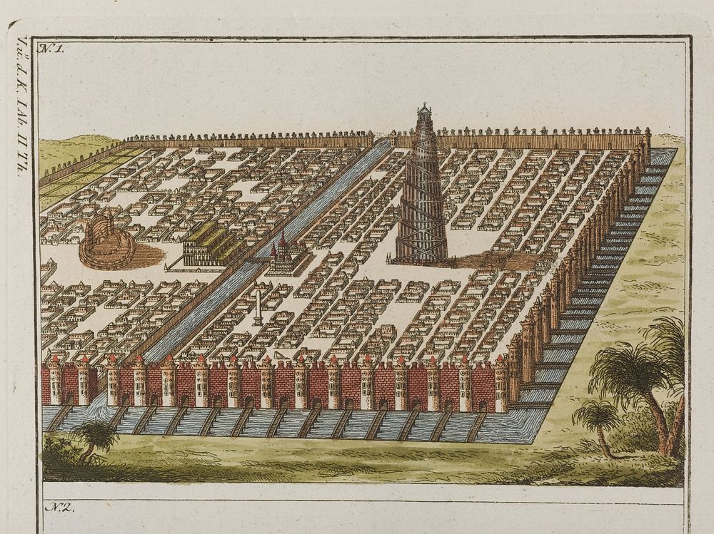 Babylon: the city (above); the hanging gardens of Babylon (below). Coloured engraving, ca. 1804-1811.