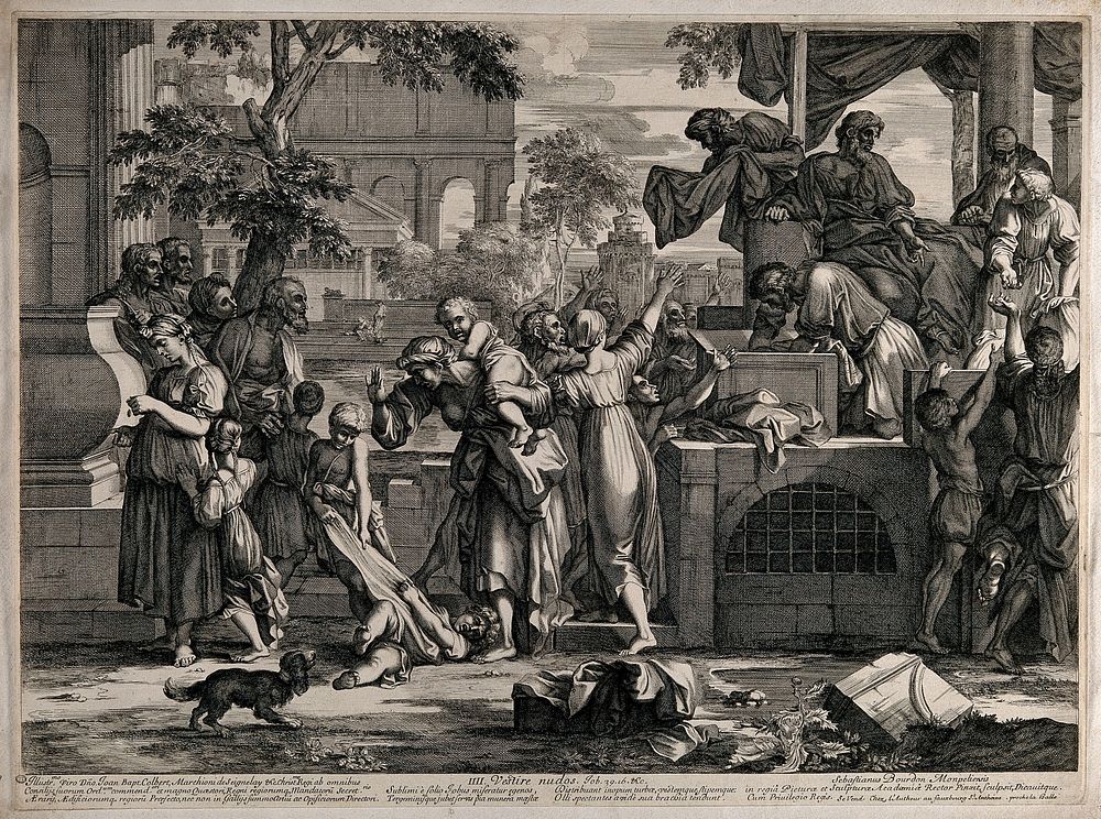 One of the seven Acts of Mercy: Dress the naked. Line engraving by S. Bourdon after himself.
