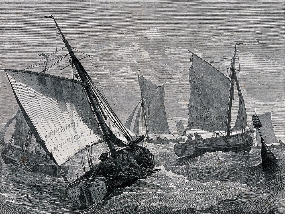 Six sailing boats navigate choppy seas. Wood engraving by G.H. Andrews.