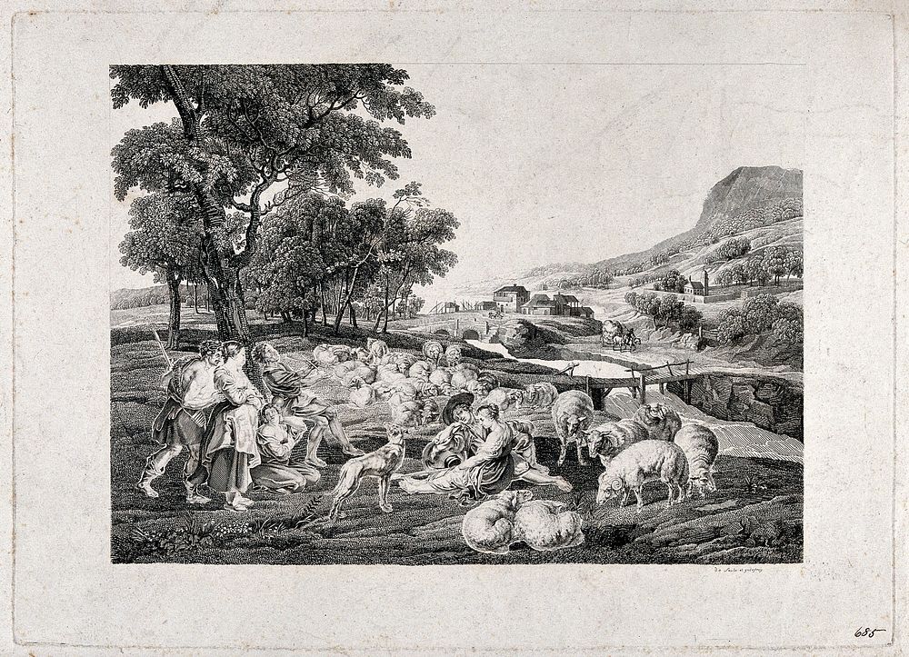 Shepherds and shepherdesses with sheep in countryside by a river. Etching by J. Desaulx and F. Godefroy, ca. 180-, after…