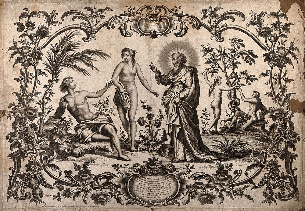 God creates Eve; she tempts Adam. Engraving by Scotin, c. 1765.