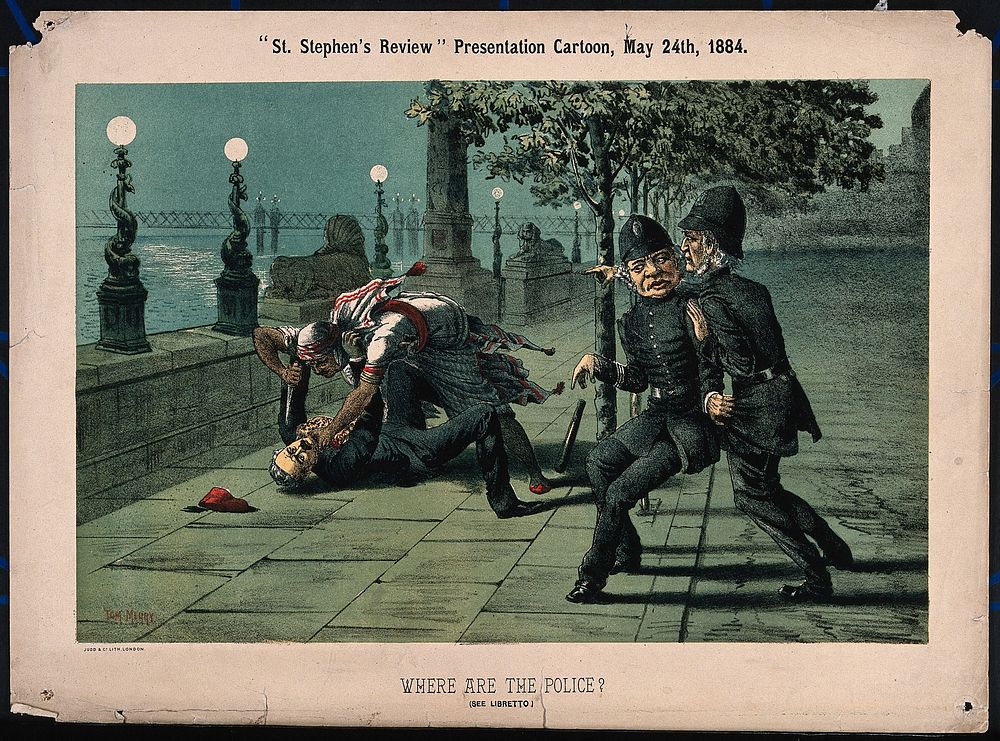 A policeman (Granville George Leveson-Gower, 2nd Earl Granville) restrains another policeman (Gladstone) from interfering in…