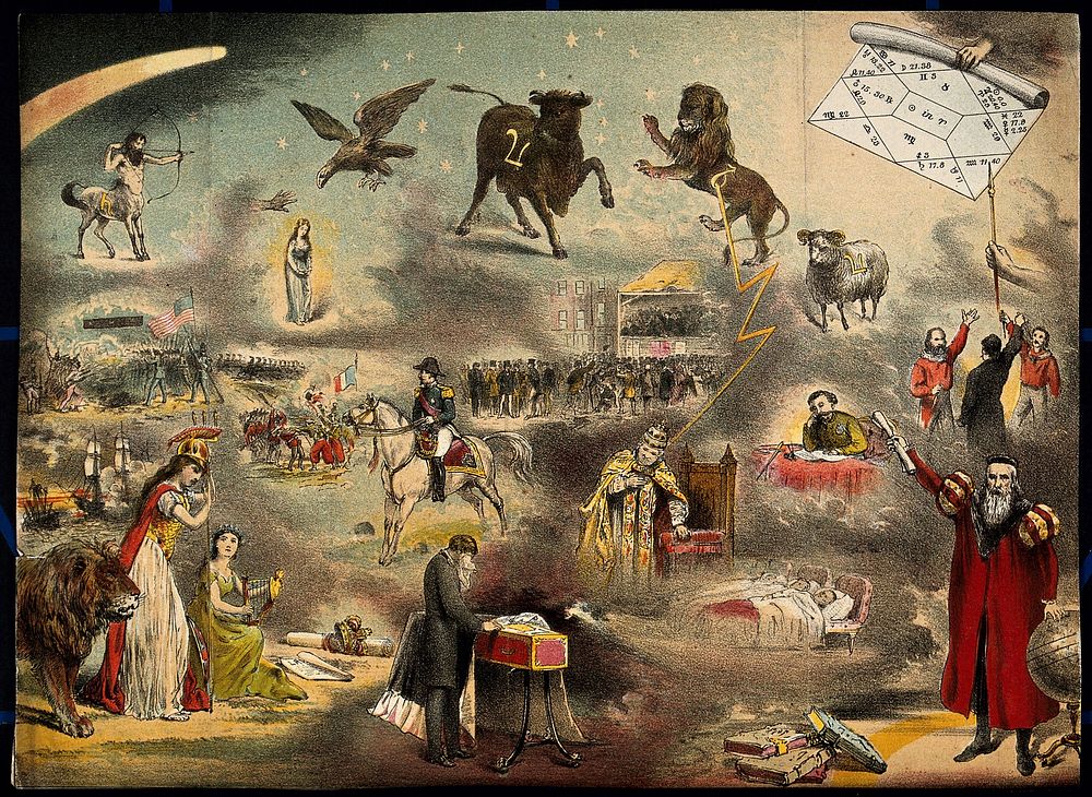 Astronomy: various apocalyptic scenes, including Napoleon III, a weeping man beside a child's [] coffin, an assassination…