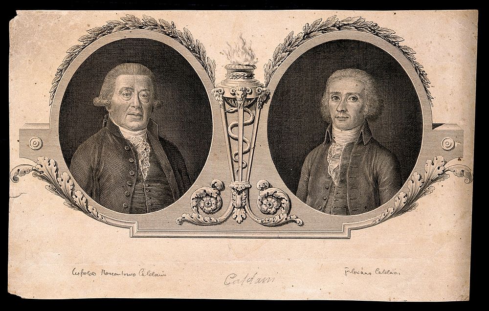 Leopoldo Marco Antonio Caldani and Floriano Caldani, each in oval with an ornamental setting. Engraving, 1801.