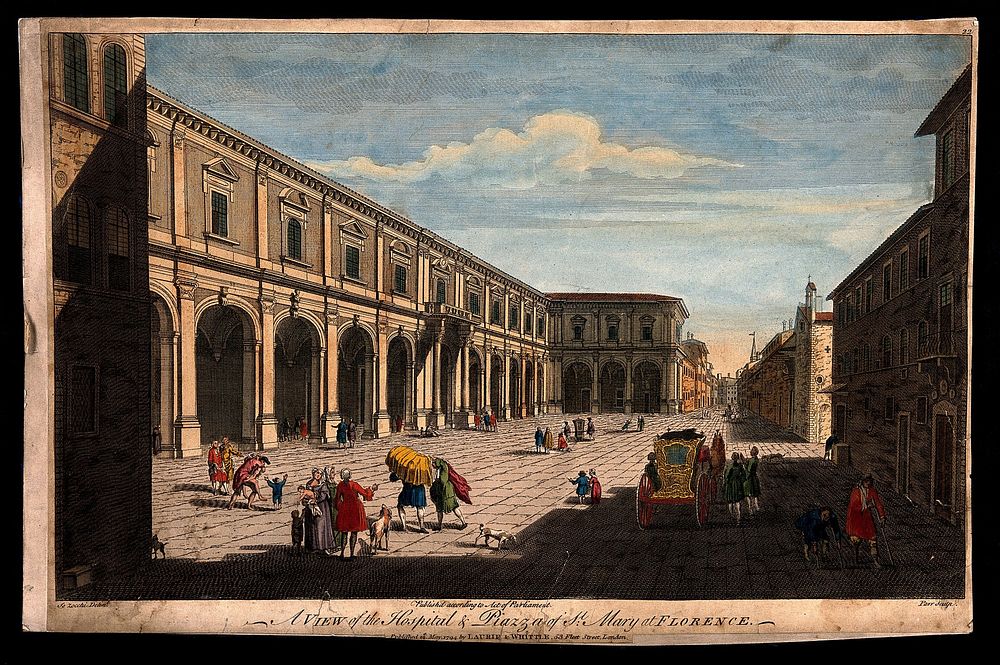 Ospedale di Santa Maria Nuova, Florence, Italy: the hospital and piazza. Coloured line engraving by N. Parr, 17--, after G.…