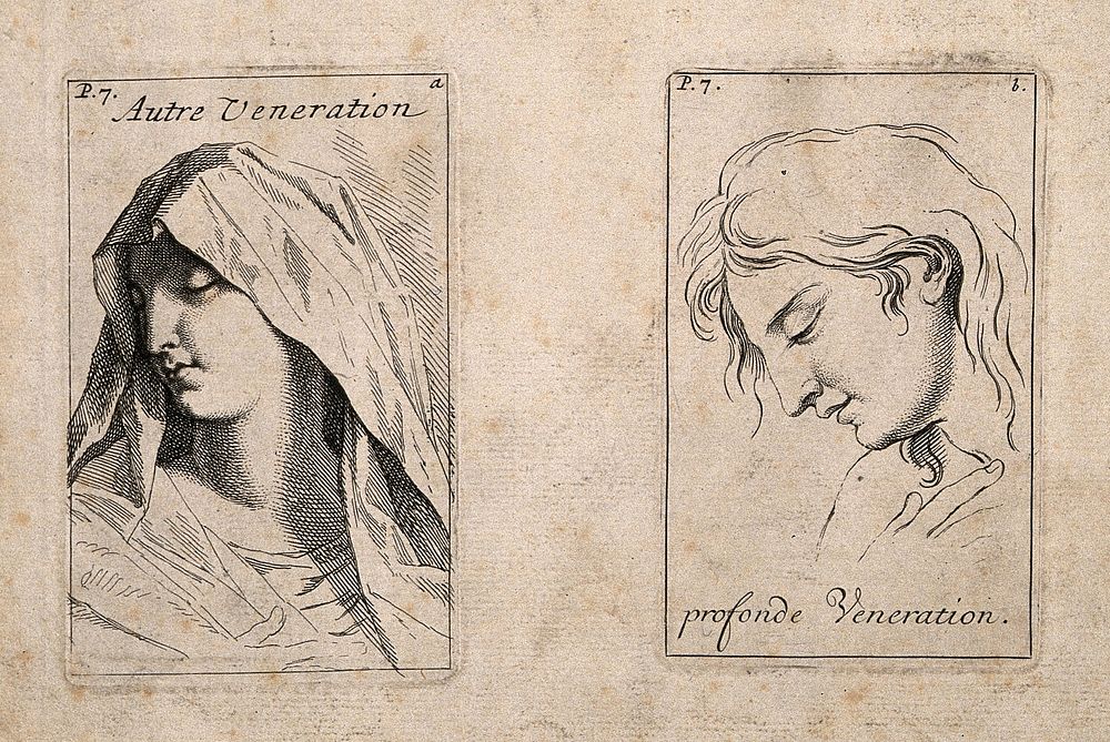 A shrouded woman (the Virgin Mary) expressing veneration (left); a young man with inclining head also expressing veneration…