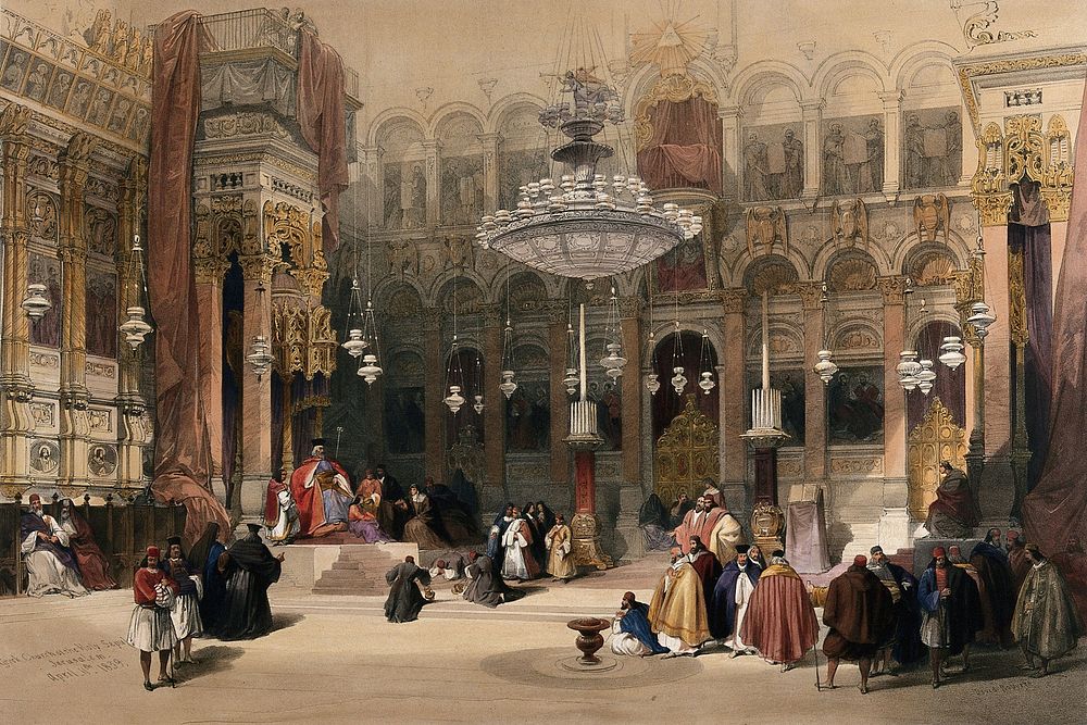 Church of the Holy Sepulchre (Jerusalem): interior. Coloured lithograph by Louis Haghe after David Roberts, 1849.