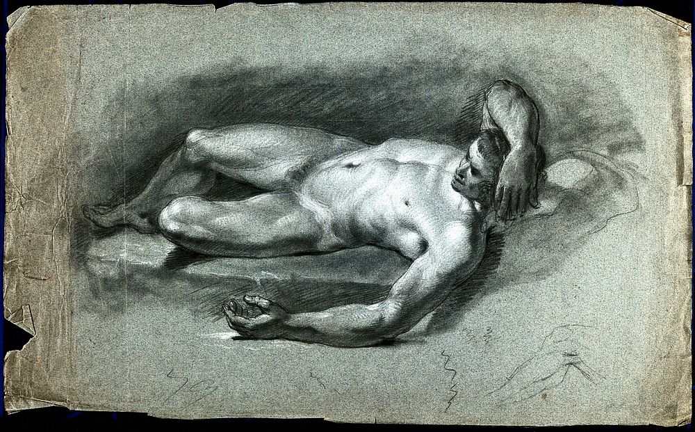 A reclining male nude with his right arm resting on his head and a fiant sketch of a leg. Black chalk drawing by J.J.…
