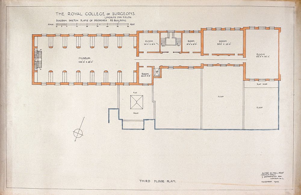 Proposed rebuilding of the Royal College of Surgeons of England: plan of third floor. Watercolour by Alner W. Hall (Alner &…