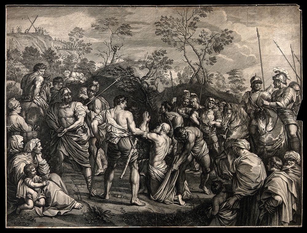 Saint Andrew being led to martyrdom. Engraving attributed to J. Audran after G. Reni.