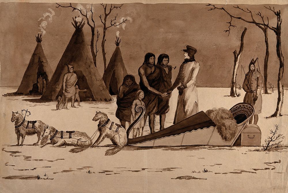 Native Americans shake hands with a Western visitor, who is shown standing beside a sledge drawn by dogs; wigwams are seen…